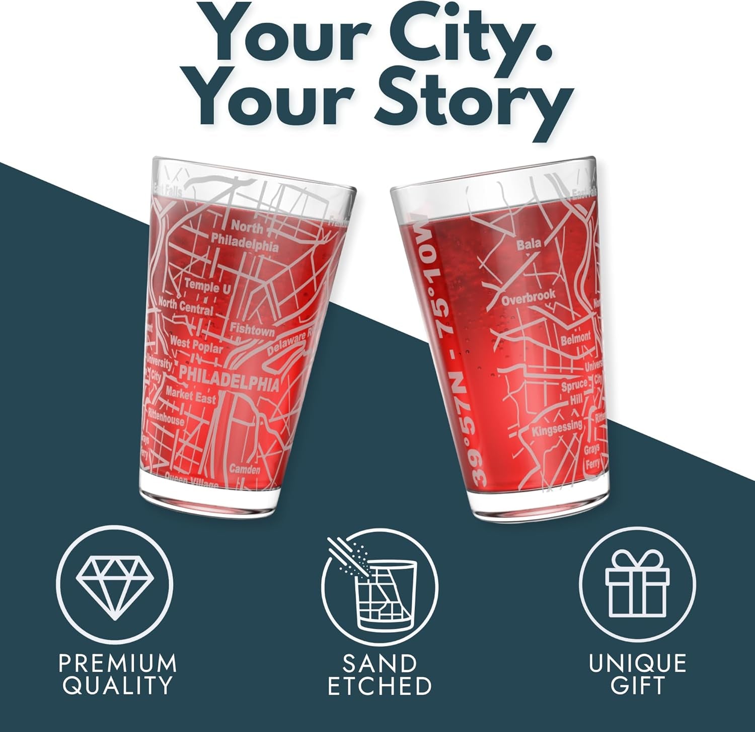 â€“ Philadelphia, PA Map Pint Beer Glasses (Set of 2), 16 Oz â€“ Etched Wrap Design