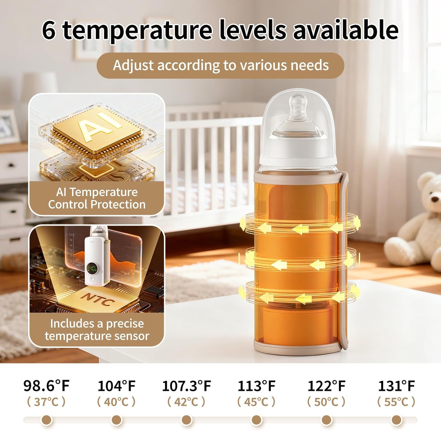 Portable Baby Milk Bottle Warmer for Breastmilk and Formula Feeding,Travel Baby Bottle-Feeding Breast Milk Waterless Warmer,Rechargeable 6000 Mah Battery,Digital Display,Bottle Warmer on the Go