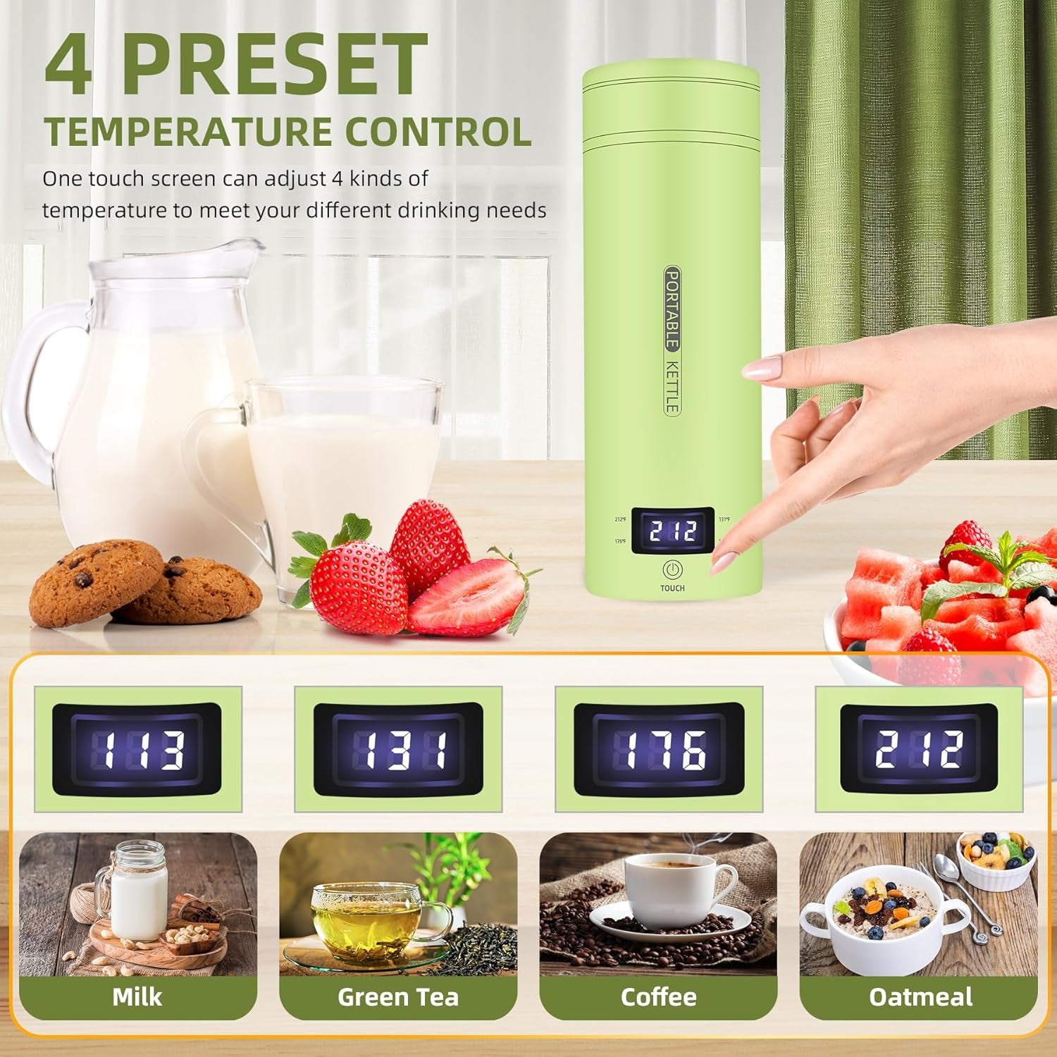 Travel Electric Kettle Portable Small Mini Tea Coffee Kettle Water Boiler, Water Heater with 4 Temperature Control,304 Stainless Steel with Auto Shut-Off & Boil Dry Protection, Bpa-Free (Green)