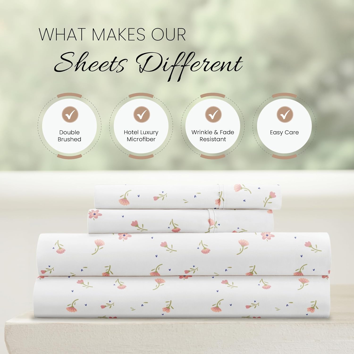 4 Piece Queen Sheet Set - Breathable, Double-Brushed Patterned Cooling Sheets â€“ Oeko-Tex Certified Ultra Soft & Wrinkle-Free 16" Deep-Pocket Queen Sheets - Easy Care Soft Floral Pink