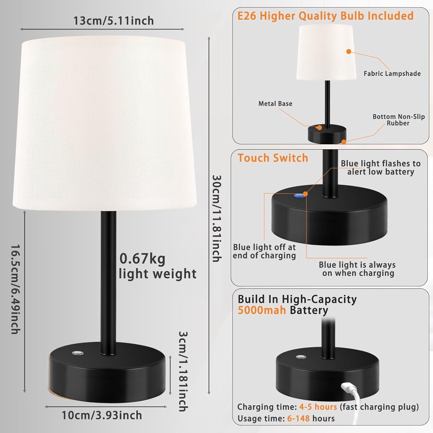 Rechargeable Table Lamp, 5000Mah Cordless Battery Operated Lamp, Stepless Dimming 2700K Warm White, Wireless Nightstand Lamp for Bedroom, Living Room, Dining Table, Counter, Desk