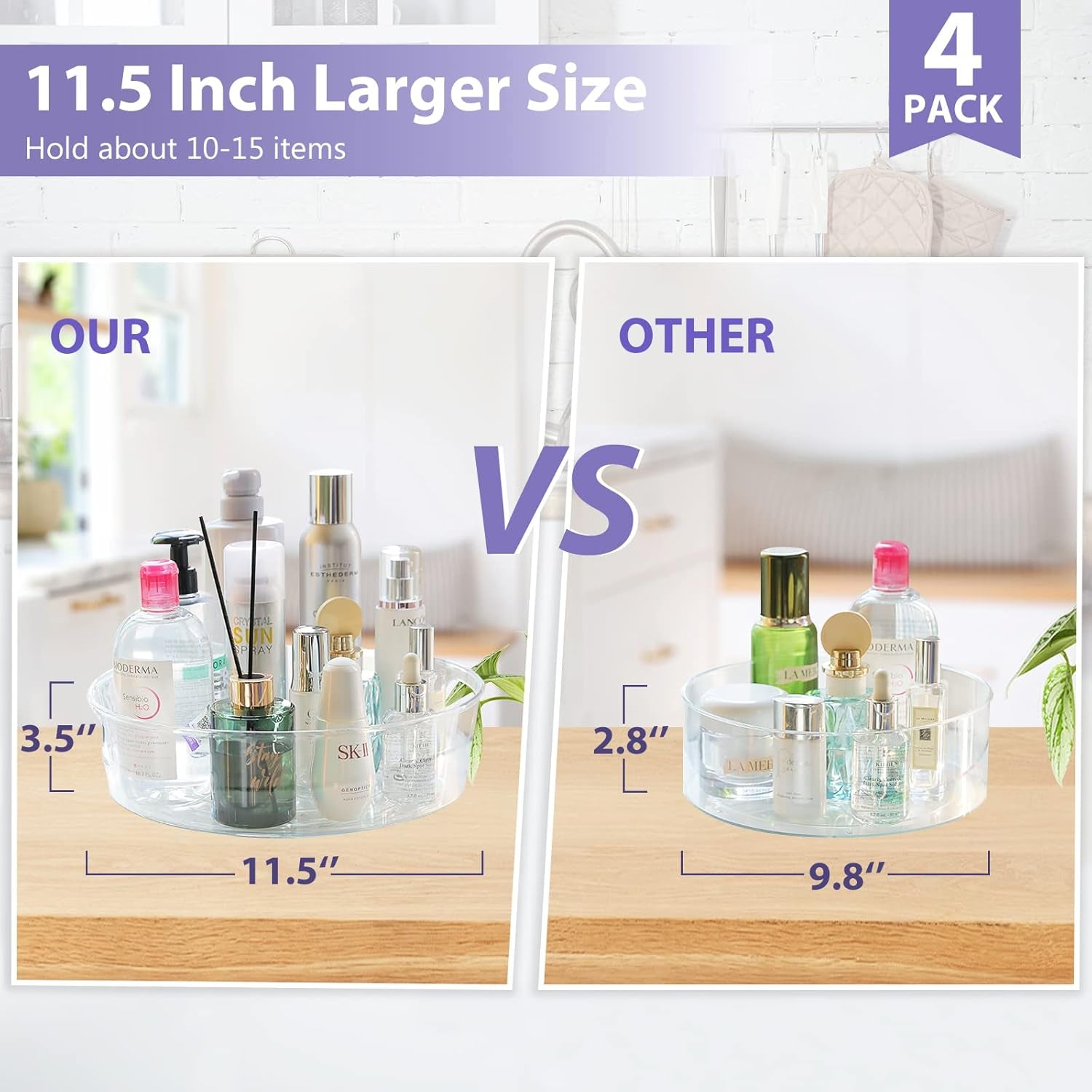 4 Pack Lazy Susan Organizer for Cabinet, Upgraded 11.5" Clear Turntable Organizer with Handles and Raised Edge, Lazy Susan for Table Top, Pantry Organizers and Storage for Kitchen, Refrigerator