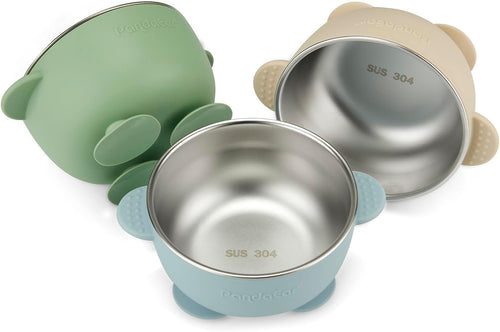 3 Pack Stainless Steel Baby Suction Bowls, Non-Slip Child Food Bowl with Silicone Sleeve for Kids Toddlers Infants, Unbreakable & Mess Free (Blue Green Beige)
