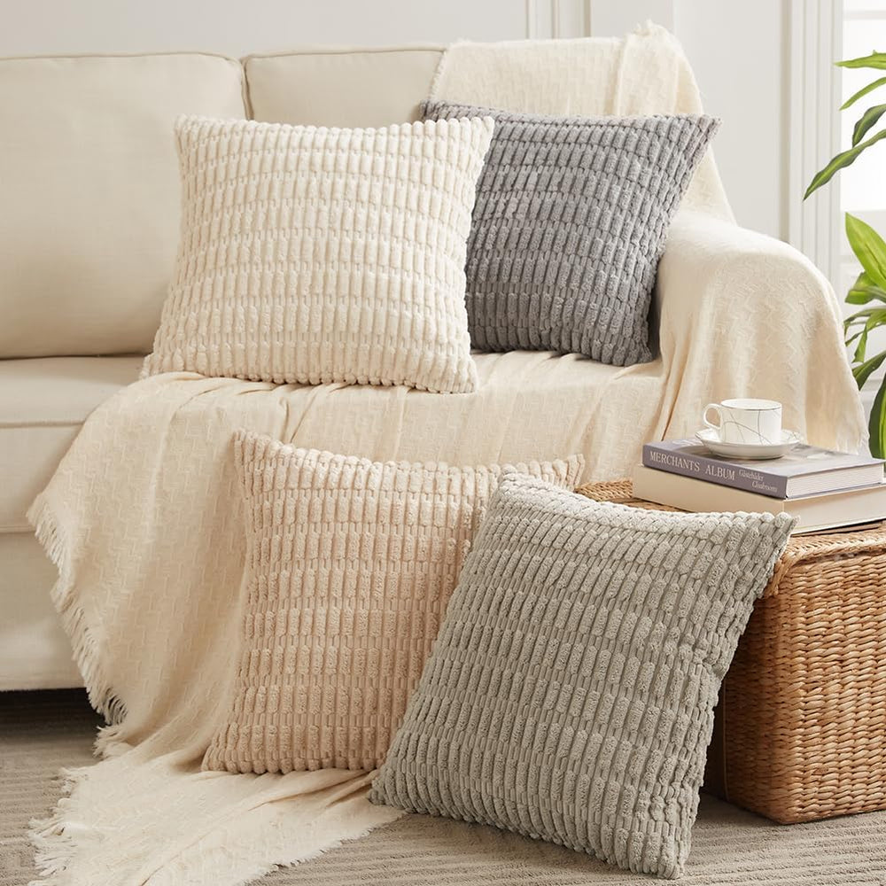 4 Packs Decorative Throw Pillow Covers for Living Room Couch Bed, Modern Farmhouse Boho Home Décor Accent Cushion Case, 18" X 18", Neutral