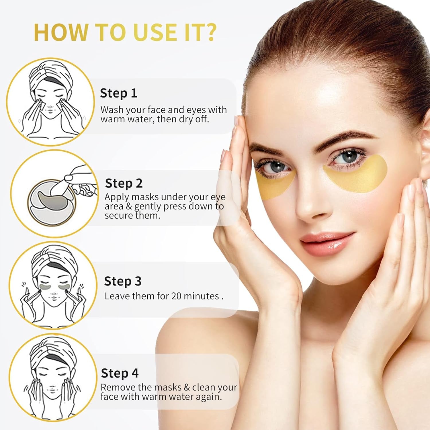 24K Gold under Eye Patches - 60 Pack for Puffy Eyes, Dark Circles, Bags & Wrinkles with Collagen & Hyaluronic Acid - Eye Care Pads for Daily Skincare (Gold)