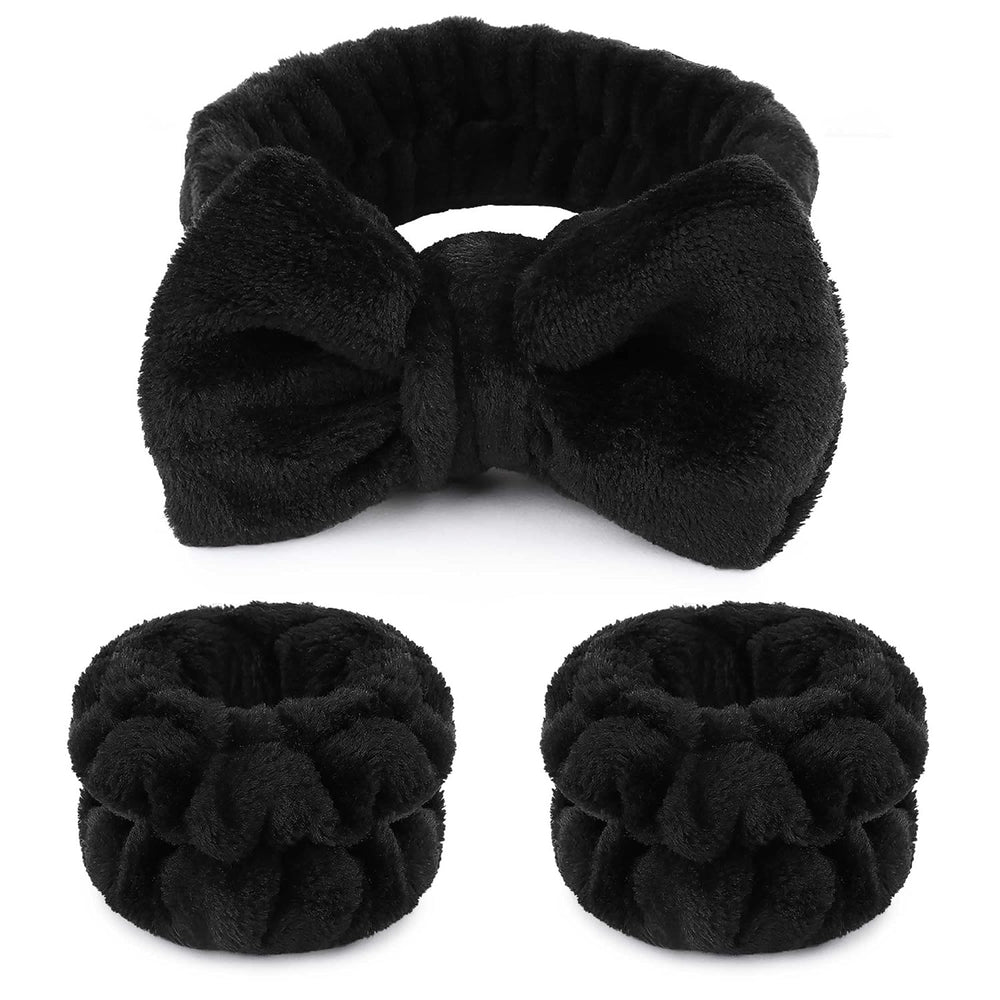 Makeup Headbands, 1Pcs Black Spa Headband Fluffy Bow Tie Headband Microfiber Face, and 2Pcs Wrist Spa Wash Band Absorbent Wristbands, for Washing Face Skin Care
