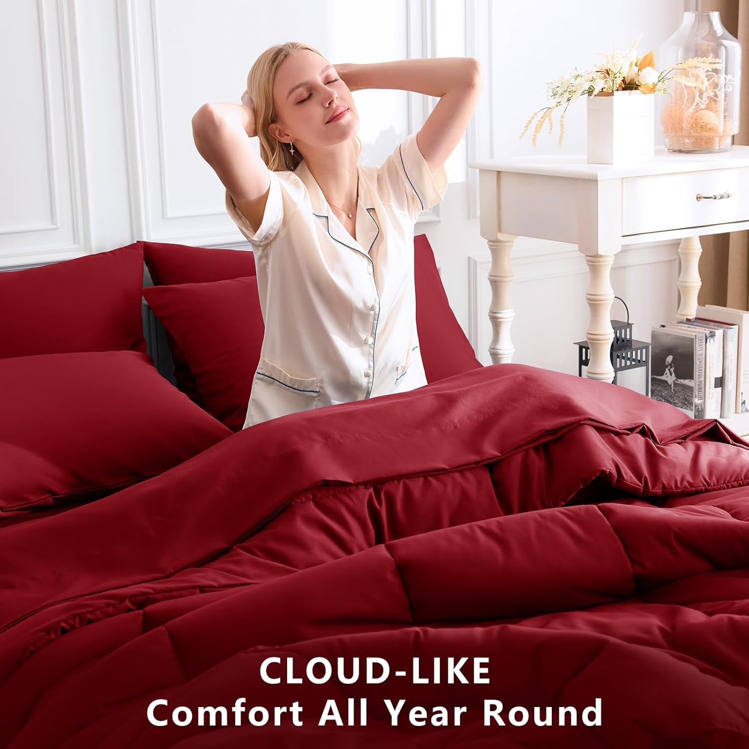 Full Size Comforter Sets Dark Red, 7 Pieces Bed in a Bag, Red Comforter Full Size, All Season Bedding Sets with Stitch Quilted Comforter, Flat Sheet, Fitted Sheet, Pillowcases