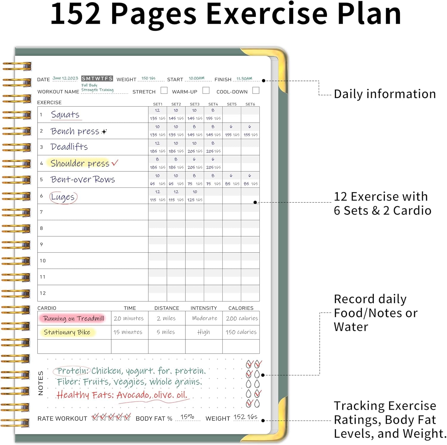 Fitness Workout Planner for Women & Men, A5(5.7" X 8.2") Workout Log Planner for Track Gym ＆ Home Workouts, Track Progress, Achieve Your Wellness Goals - Green