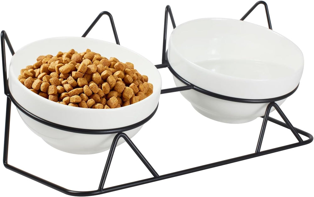 Elevated Tilted Cat Bowls for Indoor Catsï¼ŒRaised Ceramic Cat Bowl Elevated 15Â°,Pet Feeding Bowls for Food and Water anti Vomiting Bowl(Double Ceramics and Tilt Shelf) Suitable