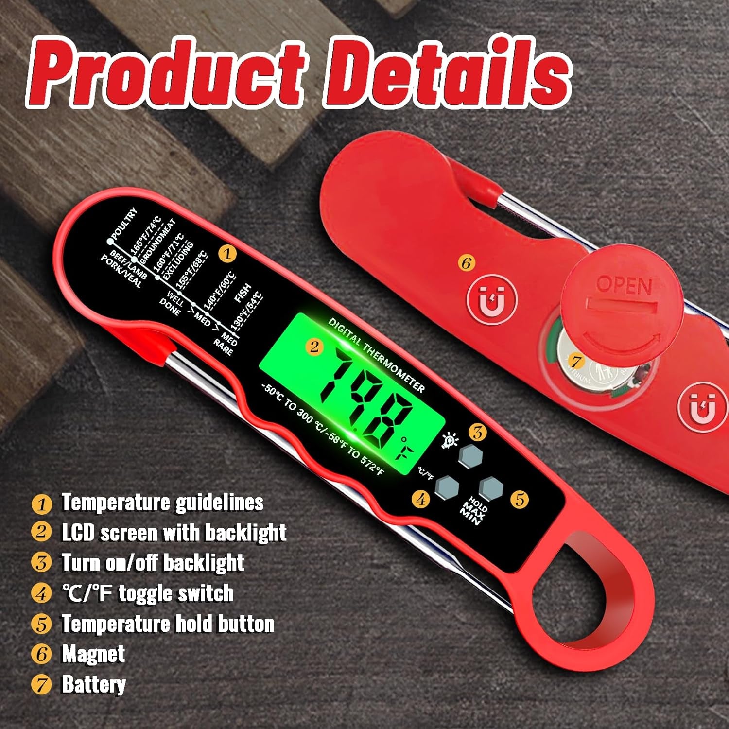 Meat Thermometer Digital, Instant Read Meat Thermometer with Backlight & Magnet for Kitchen, Beef, Grill, Turkey,Ip67 Waterproof Cooking Thermometer