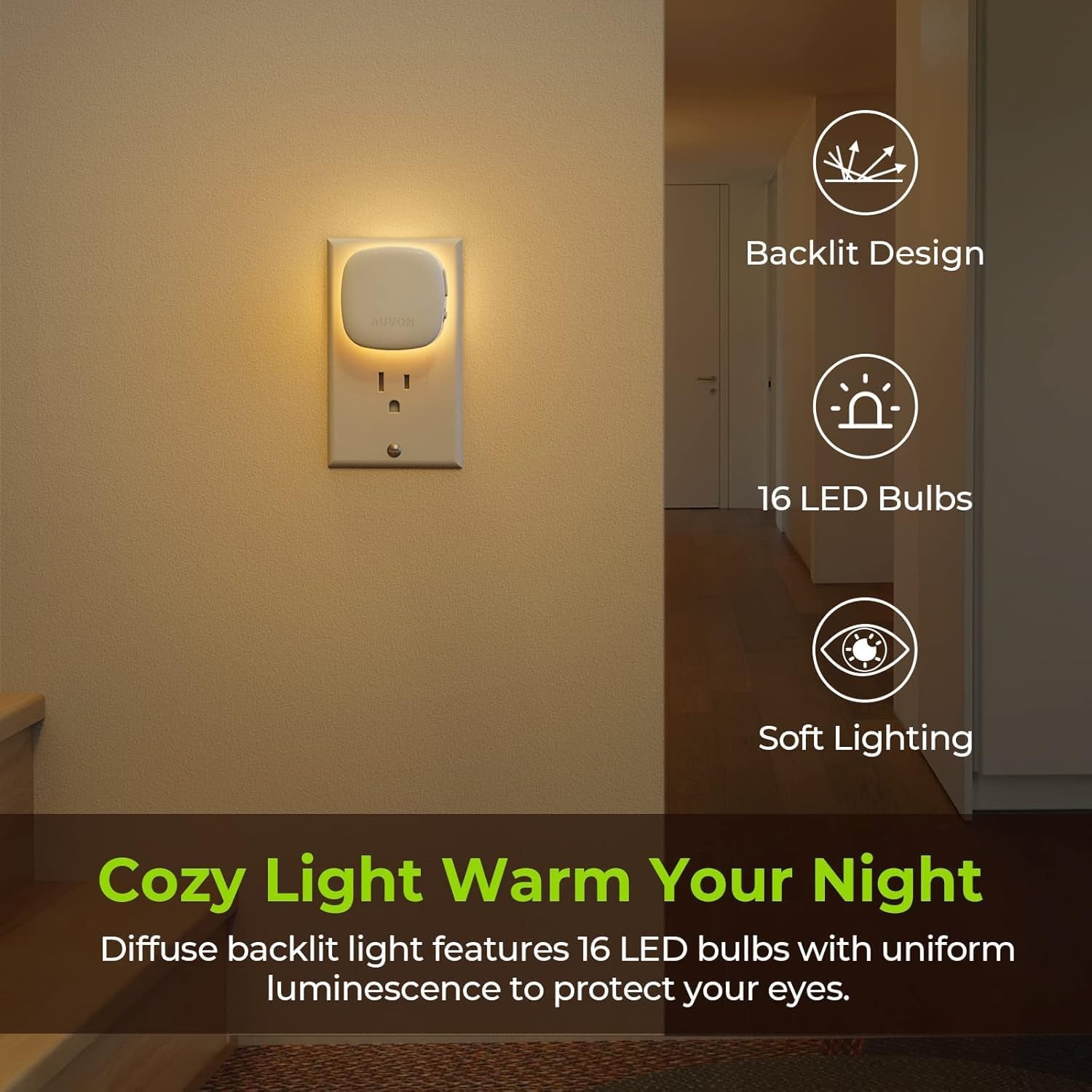 Plug-In LED Backlit Night Light with Motion Sensor & Dusk to Dawn Sensor, 2200K Soft Warm White Nightlight with 1-50Lm Dimmable Brightness for Adults & Kids' Bedroom, Bathroom, Hallway (4 Packs)