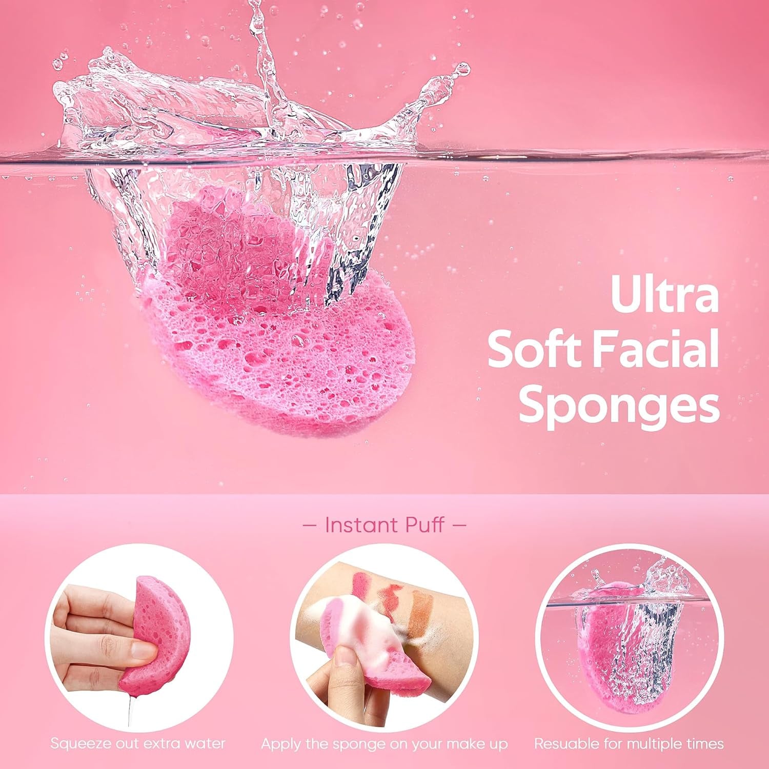 50-Count Compressed Facial Sponge for Daily Facial Cleansing and Exfoliating, 100ï¼… Natural Cosmetic Spa Sponges for Makeup Remover, Reusable, Pink