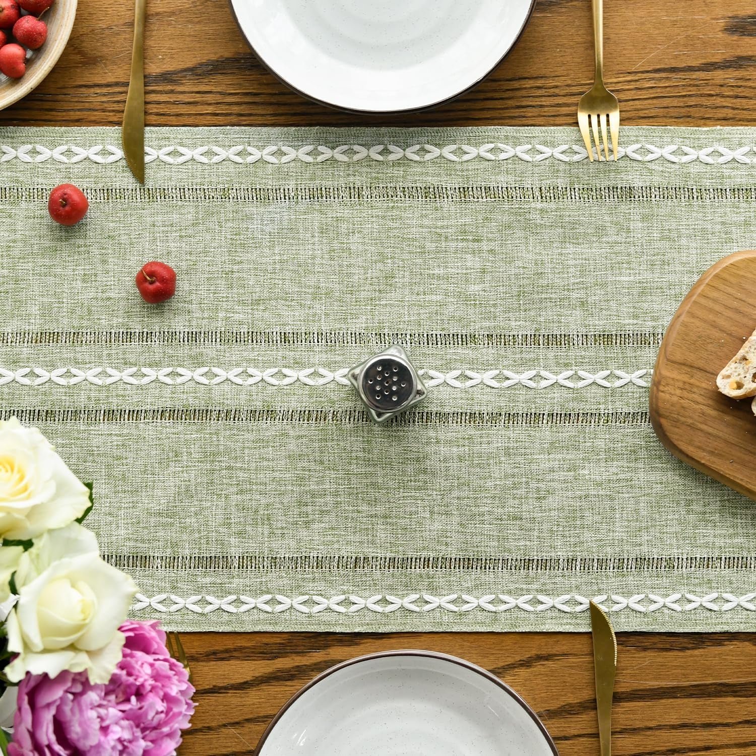 Sage Green Rustic Cotton Linen Table Runner, Seasonal Embroidered Hollow Kitchen Dining Table Decoration for Home Party Decor 13X72 Inch