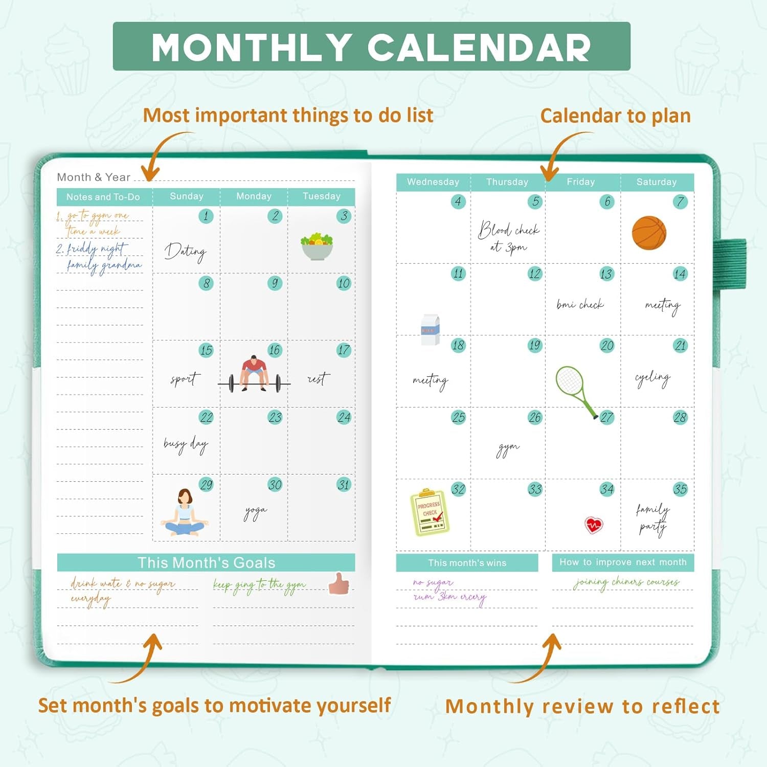 Food Journal for Women Weight Loss & Fitness - Meal Planner & Calorie Counter Book | A5 Food Diary for Gym, Yoga & Healthy Eating | 90D Undated Wellness Nutrition Journal for Women & Men Workout, Green