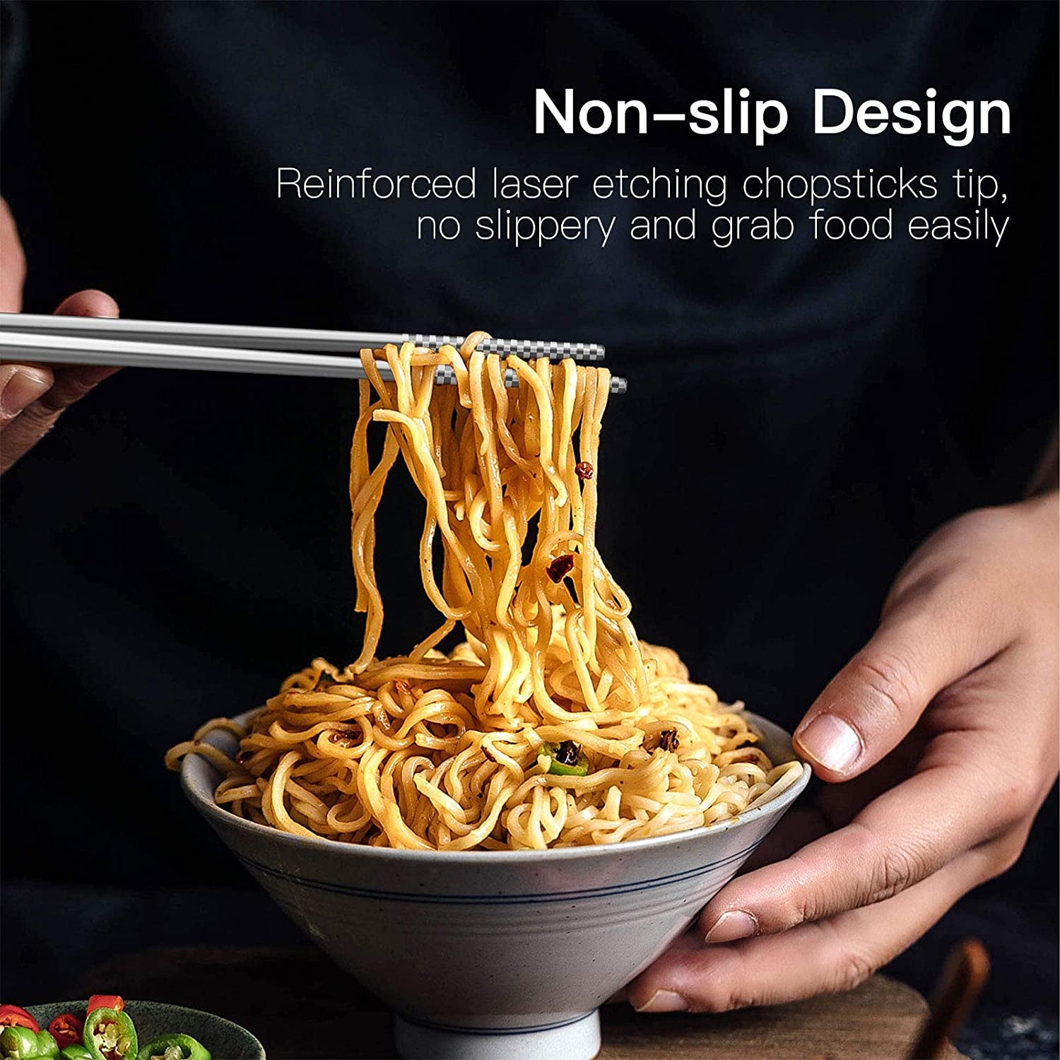 Metal Chopsticks Reusable 18/8 Stainless Steel Chopsticks Multipack Dishwasher Safe Chop Sticks Cute Laser Engraved Non-Slip Japanese Korean Chopstick for Cooking Eating 9 1/4 Inches 5 Pairs Gift Set
