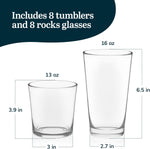 Preston Tumbler and Rocks Glass Cups Set, All Purpose Everyday Drinking Glasses Set of 16, Glassware Drinking Glasses for Birthdays, Dinners