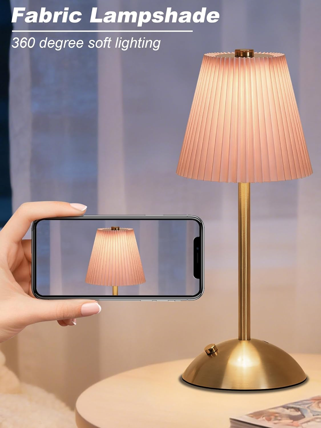 Cordless Table Lamp,Touch Led Reading Light,Small Desk Lamp with 3 Colors,Portable Battery Operated Light with Fabric Shade,Dimmable Night Light for Bedroom Living Room Office(Pink)