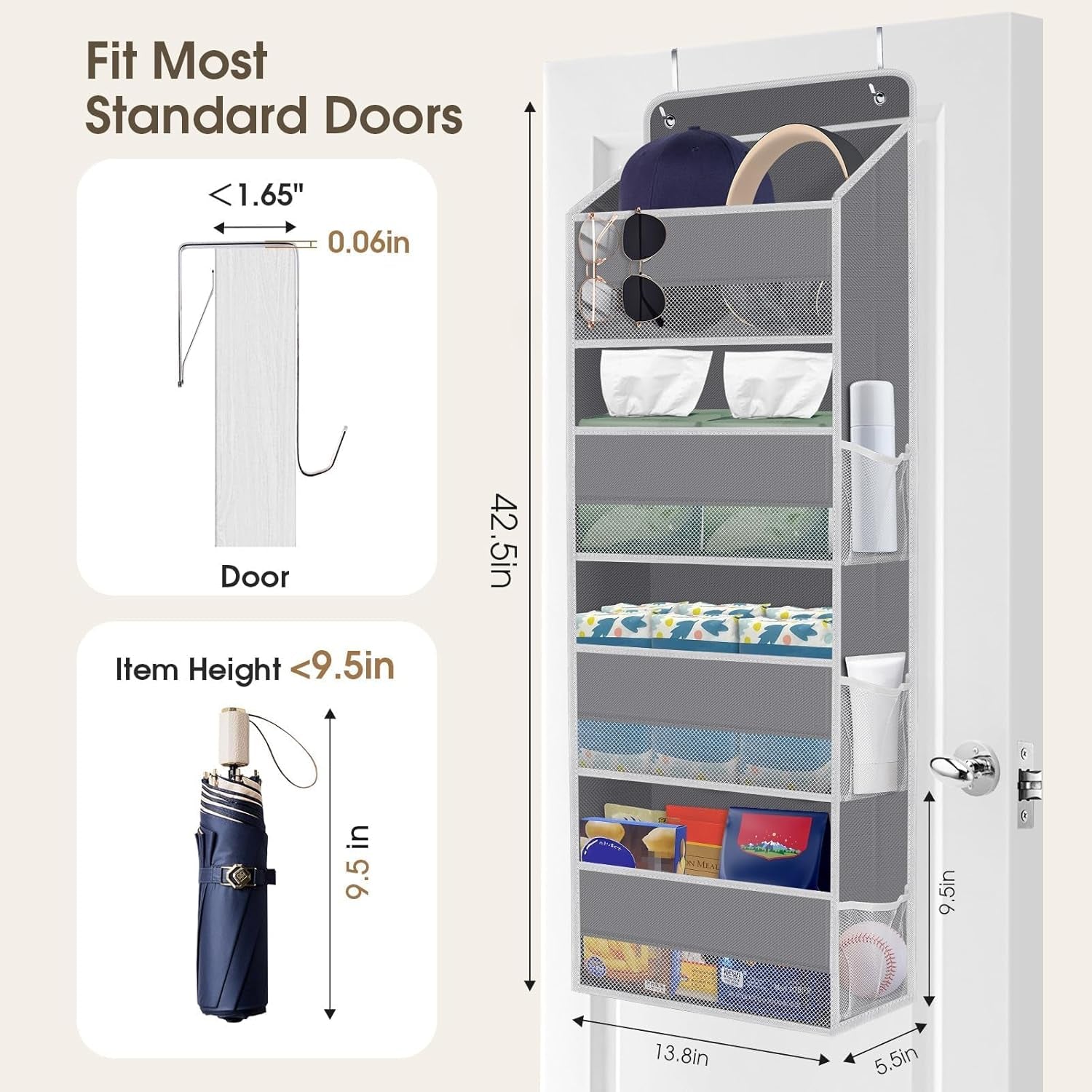 1 Pack over the Door Organizer, Hanging Storage Organizer with Clear Window, 40Lb Ultra Sturdy Large Capacity Room Organizer for Pantry Laundry Bathroom Nursery Closet Baby Essential (Grey)