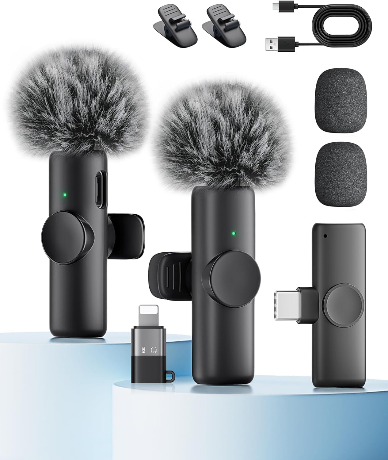 Wireless Microphone for Iphone Ipad and Android Phone, 2 Pack Wireless Lavalier Lapel Mic with Noise Reduction, Plug and Play Mini Microphone for Video Recording Interview Podcast Youtube Tiktok Vlog