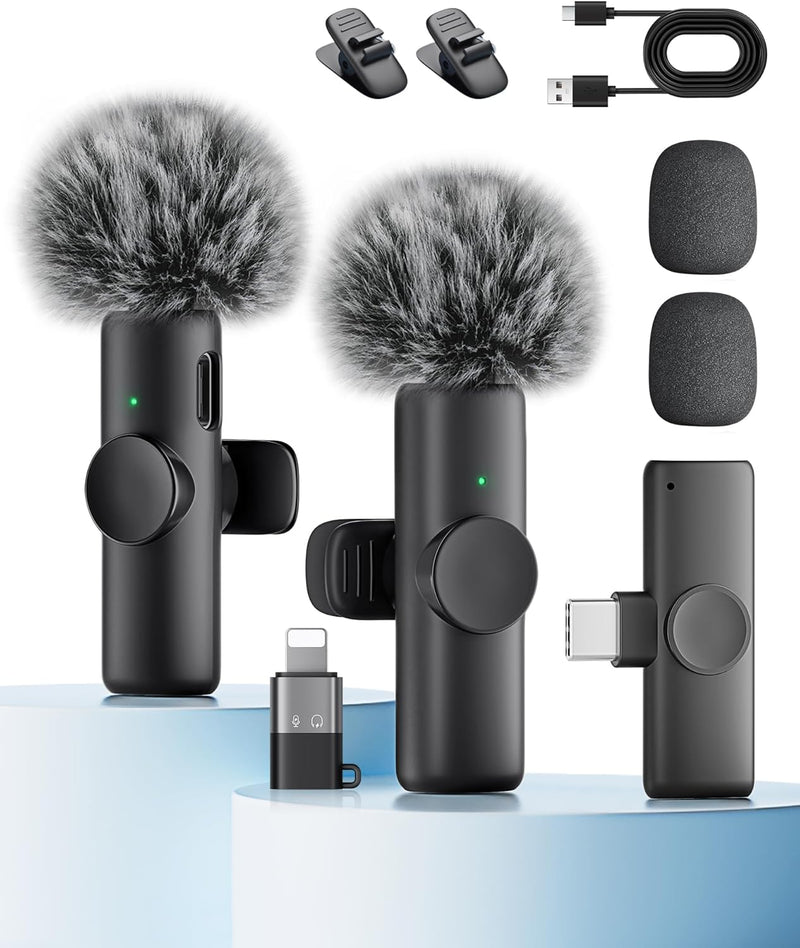 Wireless Microphone for Iphone Ipad and Android Phone, 2 Pack Wireless Lavalier Lapel Mic with Noise Reduction, Plug and Play Mini Microphone for Video Recording Interview Podcast Youtube Tiktok Vlog