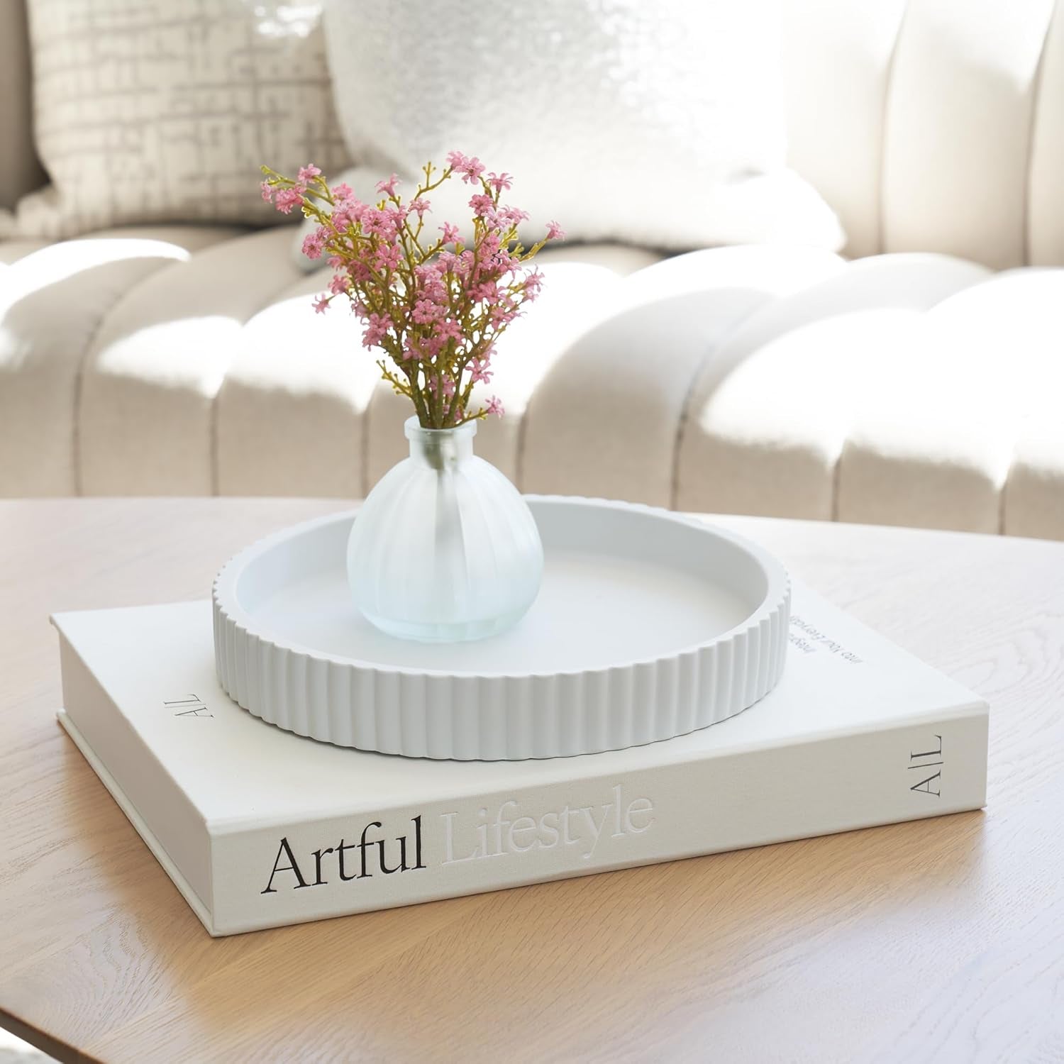 Decorative Concrete Tray & Book Decor Set - Scalloped Tray & Linen Box Enhance Your Coffee Table or Bookshelf Decor - Stylish Home Decoration for Your Living or Dining Room & as a Housewarming Gift