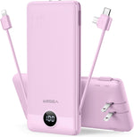 Portable Charger with Built-In AC Plug and Cables, All in One 10000Mah Ultra Slim Power Bank Travel Essentials, Fast Charging Battery Pack Compatible with Iphone, Samsung, Android (Purple)