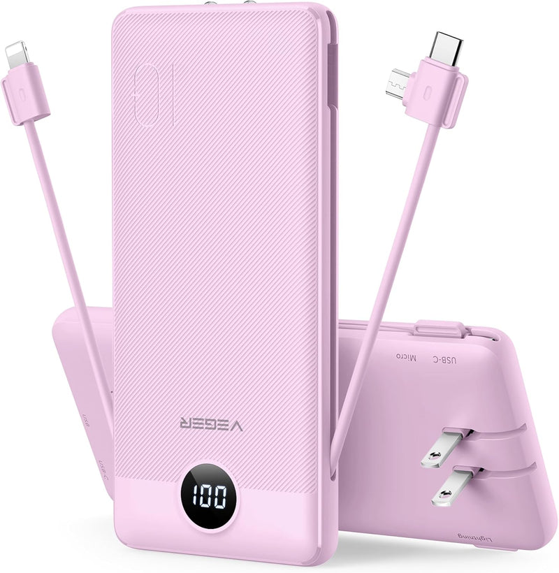 Portable Charger with Built-In AC Plug and Cables, All in One 10000Mah Ultra Slim Power Bank Travel Essentials, Fast Charging Battery Pack Compatible with Iphone, Samsung, Android (Purple)