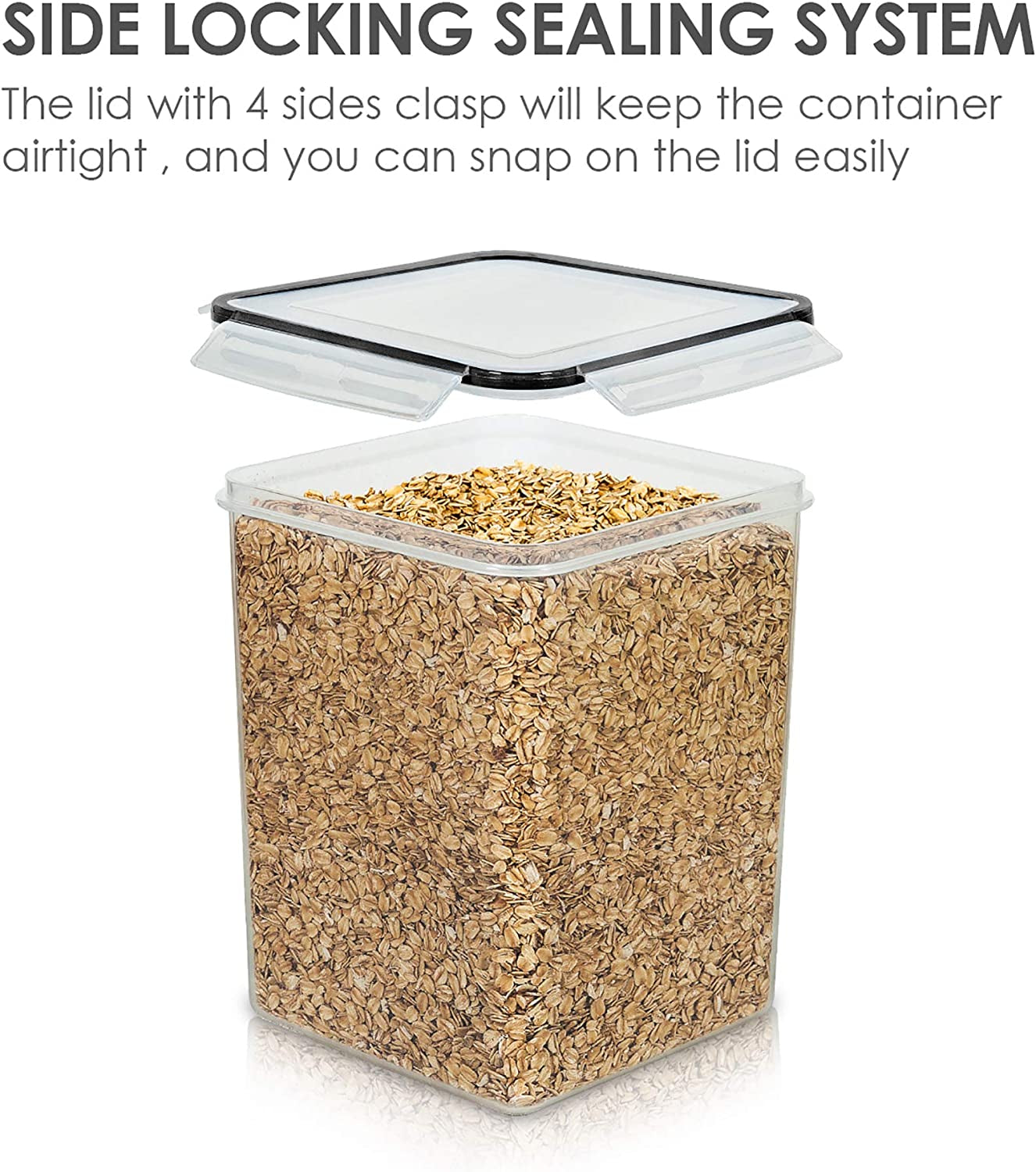 4 PCS Large Food Storage Containers 5.2L / 175Oz, 4 Pieces BPA Free Plastic Airtight Canisters for Flour, Sugar, Baking Supplies, Rice with Lids, 4 Measuring Cups and 24 Labels, Black