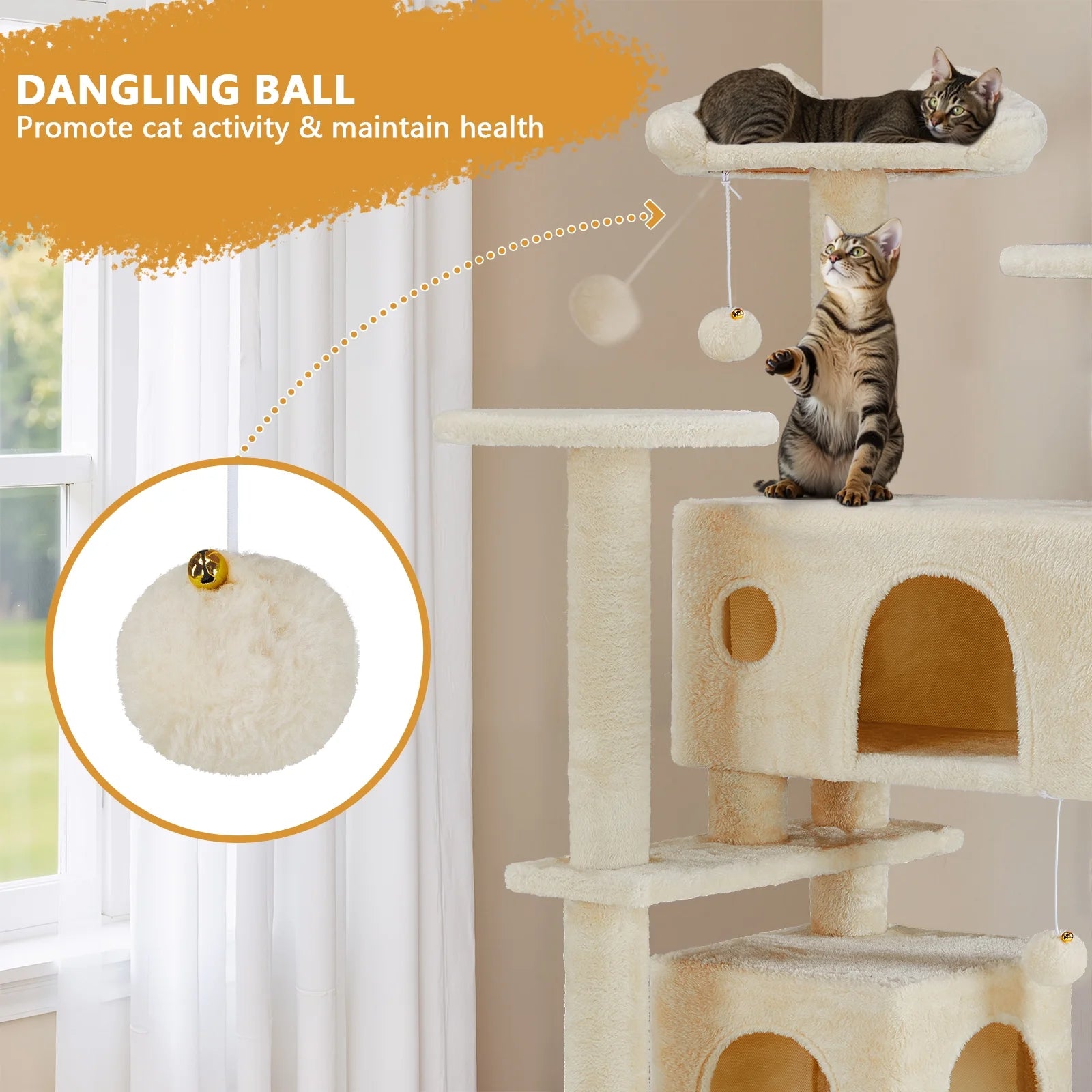 54 Inch Cat Tree Tower with Scratching Post, Multi-Level Cat Condo Pet House Play with Stable Base, Beige