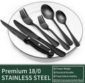 24-Piece Black Silverware Set with Steak Knives, Black Flatware Set for 4, Food-Grade Stainless Steel Tableware Cutlery Set, Mirror Finished Utensil Sets for Home Restaurant, round Edge