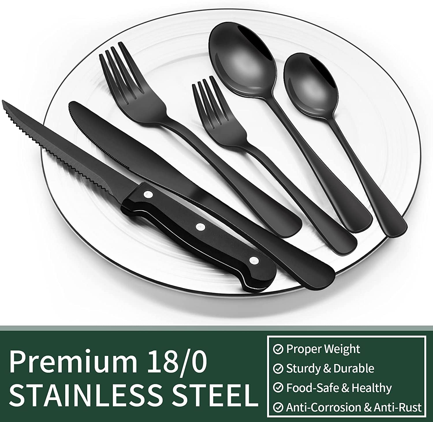24-Piece Black Silverware Set with Steak Knives, Black Flatware Set for 4, Food-Grade Stainless Steel Tableware Cutlery Set, Mirror Finished Utensil Sets for Home Restaurant, round Edge