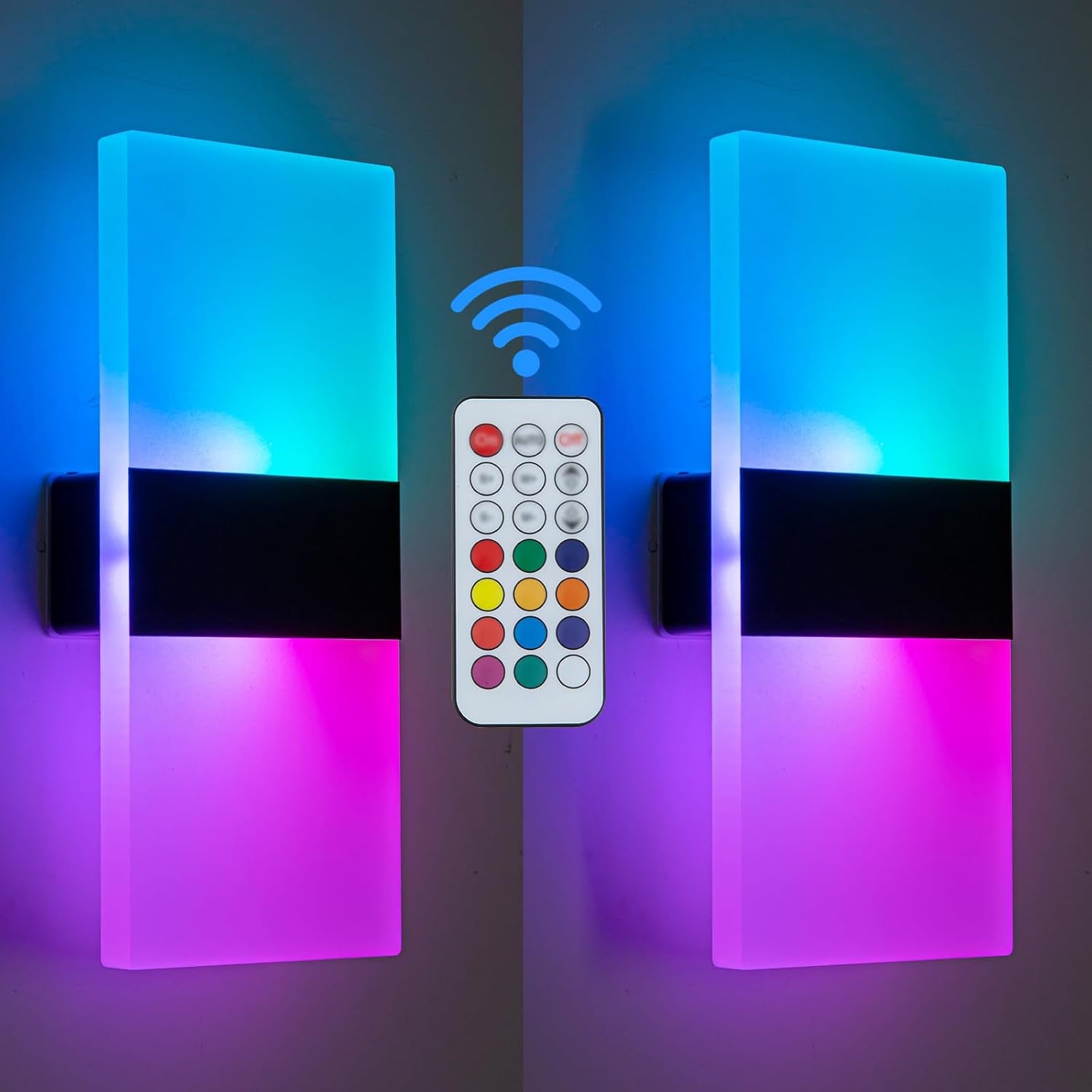 2 Pack LED Wall Lights, Rechargeable Battery Powered RGB Wall Sconce, 12 Color Changing Magnetic Night Lamp, Remote Control Dimmable Cordless Decor Lighting for Bedroom Hallway Stairway