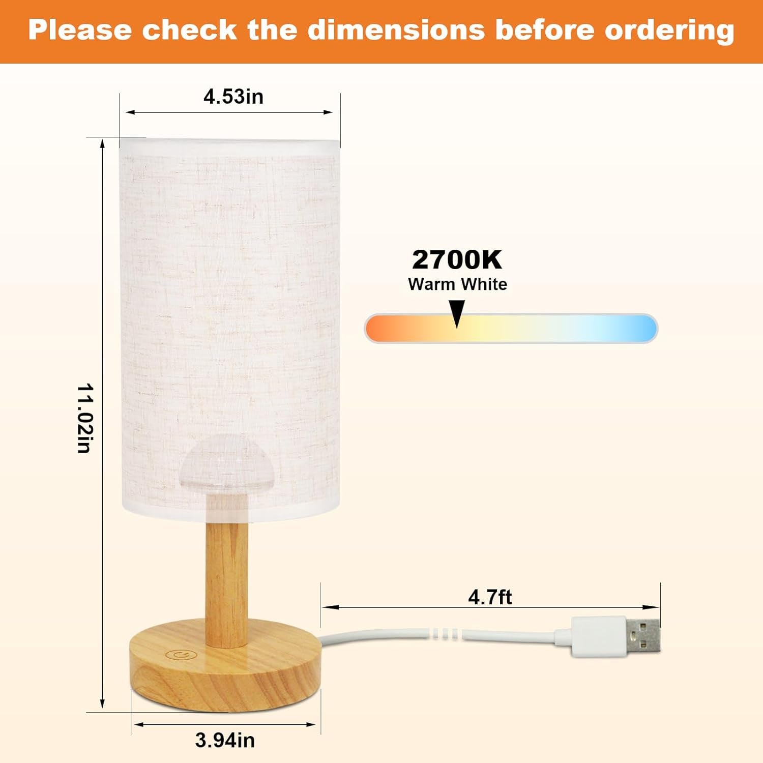 Touch Bedside Table Lamp - Stepless Dimming USB Powered, Minimalist Wood Base Linen Shade, 2700K Warm Light for Bedroom Nightstand Nursery Dorm Small Spaces, 5W LED 50K Hrs (No Bulb Replacement)