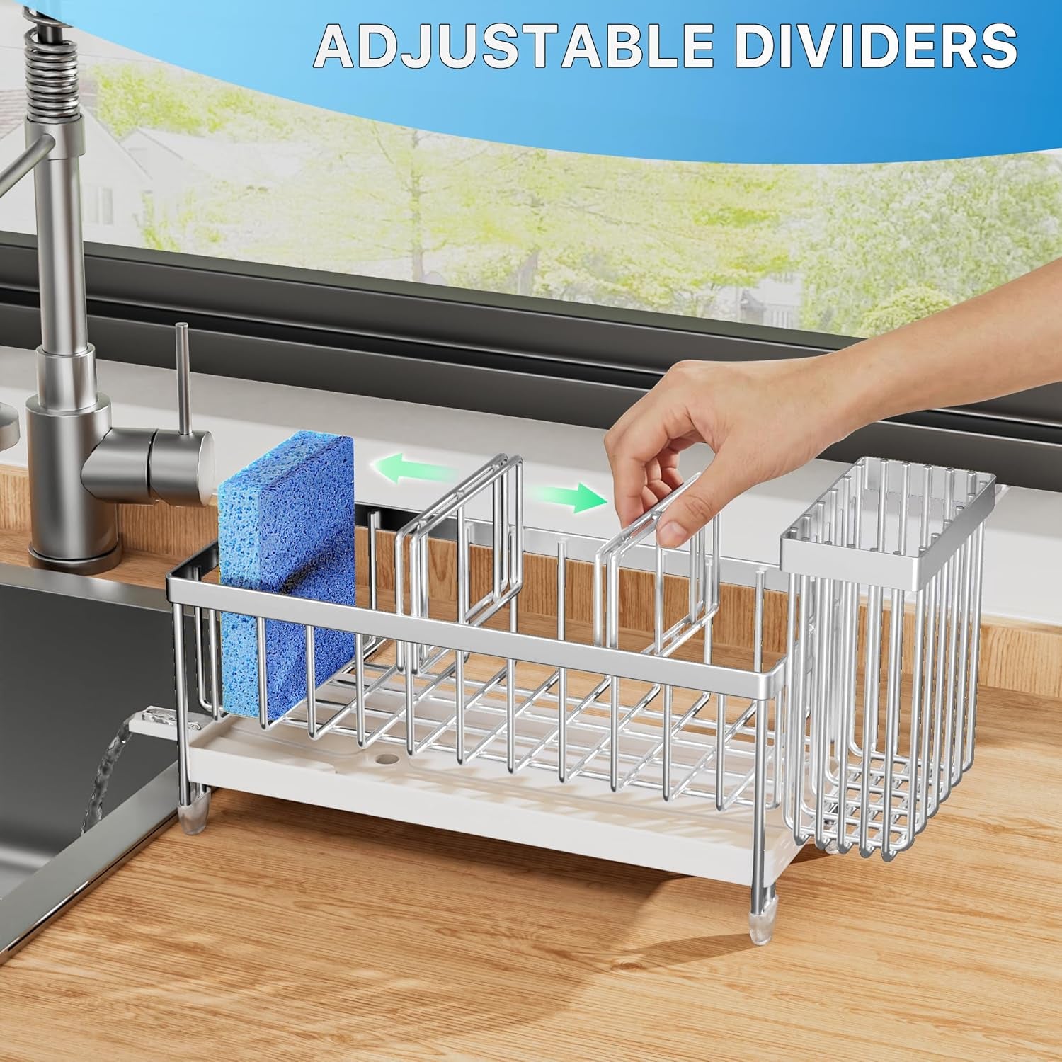 Sponge Holder for Kitchen Sink, Sink Caddy Organizer with High Brush Holder, Kitchen Countertop Organizers and Storage Essentials, Rustproof 304 Stainless Steel (Silver, 9.25″)