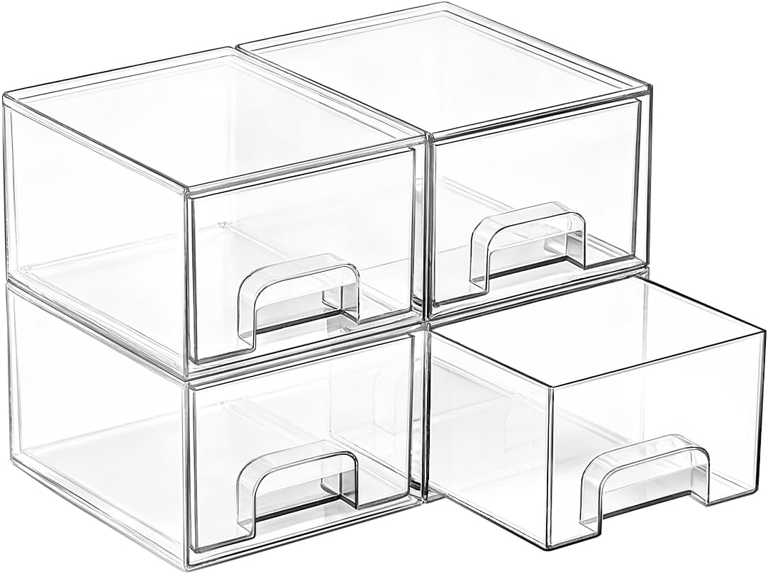 4 Pack Small Clear Stackable Storage Drawers,Acrylic Bathroom Makeup Organizer,Plastic Storage Bins for Vanity, Undersink, Kitchen Cabinets, Pantry, Home Organization