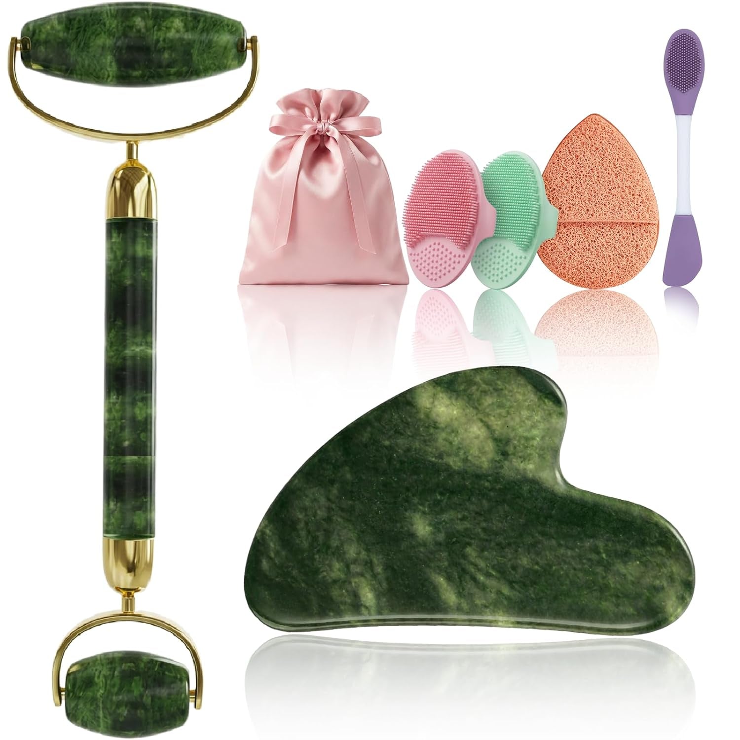 Gua Sha and Face Roller Set: Face Skin Care Tools with Facial Cleansing Brush, 2 Silicone Scrubber Pads & Face Sponge, Travel Bag, Self Care Gift