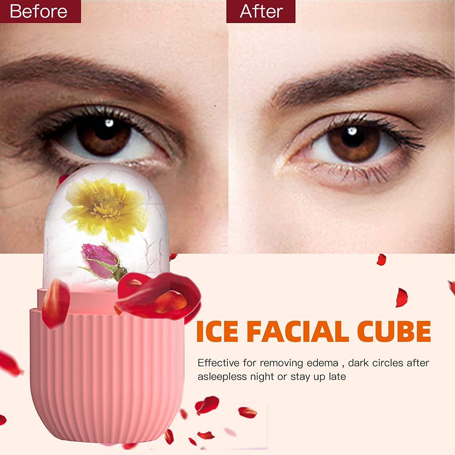 Ice Cube Roller Massager for Face, Eyes and Neck Naturally Conditioning and Skin Care,De-Puff Eye Bags,Reduce Migraine Pain,Reusable Massage Silicone Ice Mold (Pink)