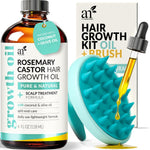 Organic Rosemary Castor Hair Oil + Massager Hair Growth Set Hair Growth Oil 4 Ounces with Coconut & Olive Oil for Dry, Damaged & Split End