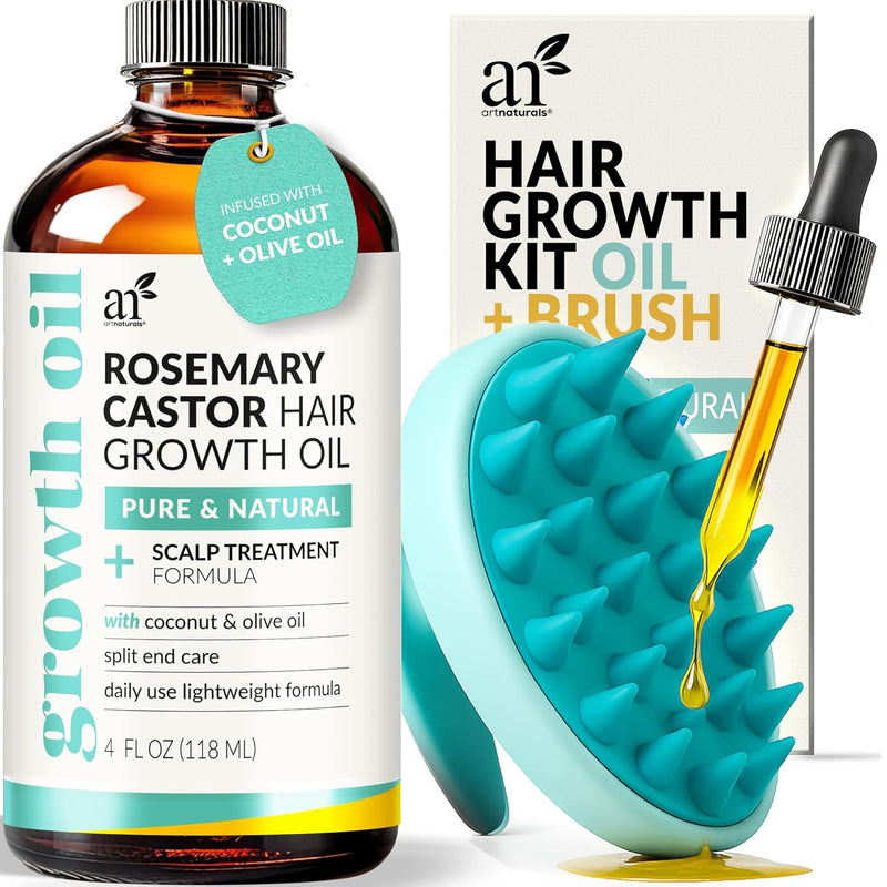 Organic Rosemary Castor Hair Oil + Massager Hair Growth Set Hair Growth Oil 4 Ounces with Coconut & Olive Oil for Dry, Damaged & Split End