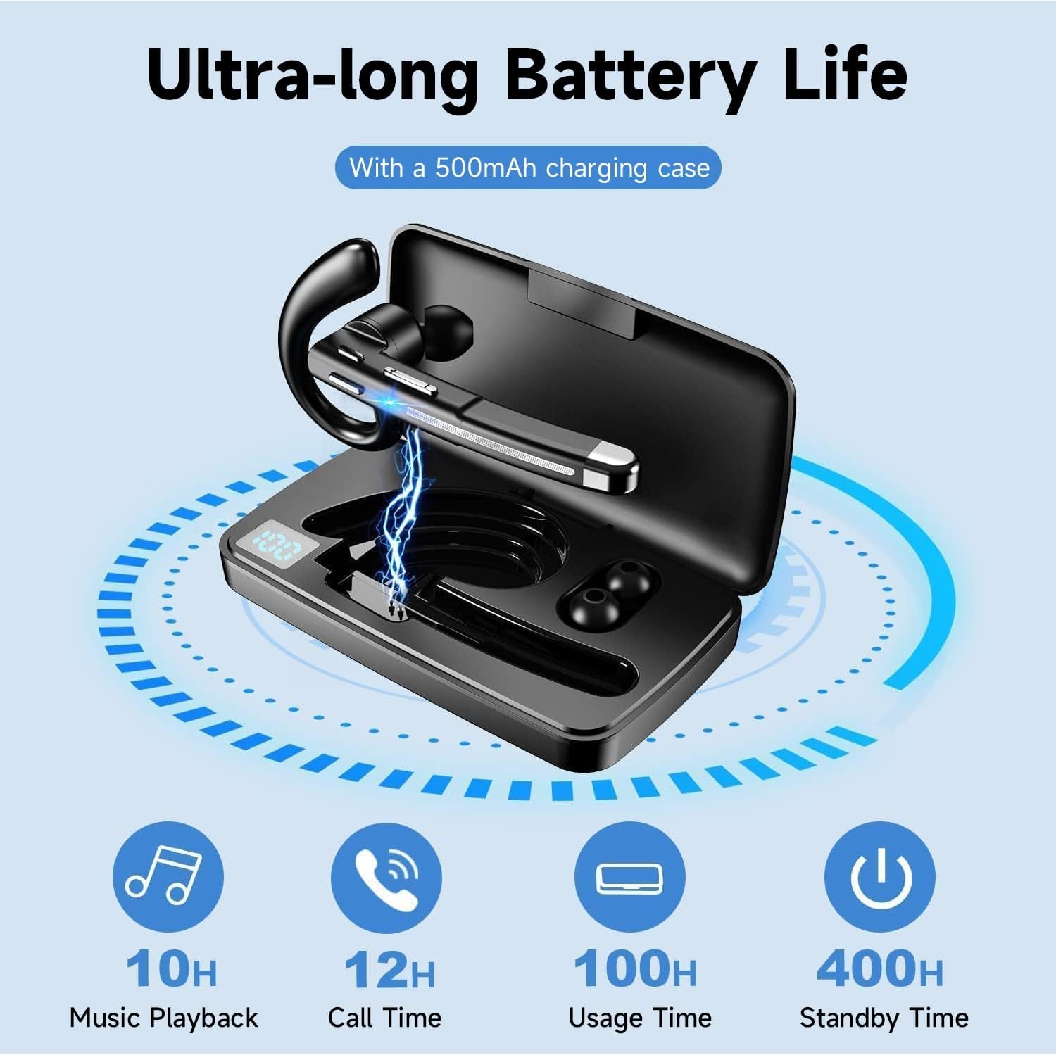 Bluetooth Headset V6.1,100Hrs Talk Time Wireless Earpiece with Mic for Work,Cvc8.0 Noise Cancelling Wireless Earbud, Business Earbud with 500 Mah Charging Case for Trucker/Home/Office Work