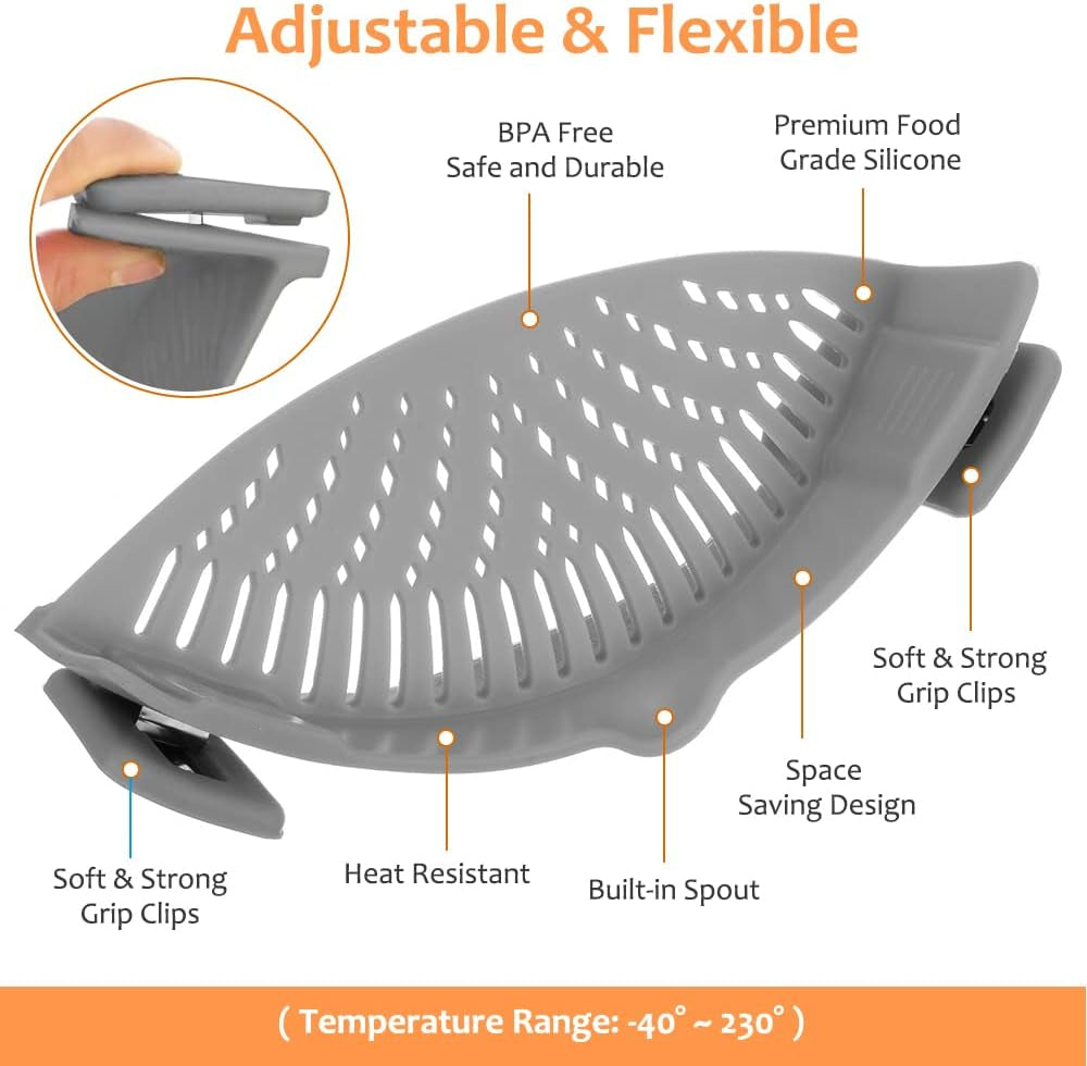 Clip on Strainer for All Pots Pan,Silicone Pasta Strainer Kitchen Gadgets,Collapsible Colander for Noodle,Vegetables,Fruit,Spaghetti (Grey)