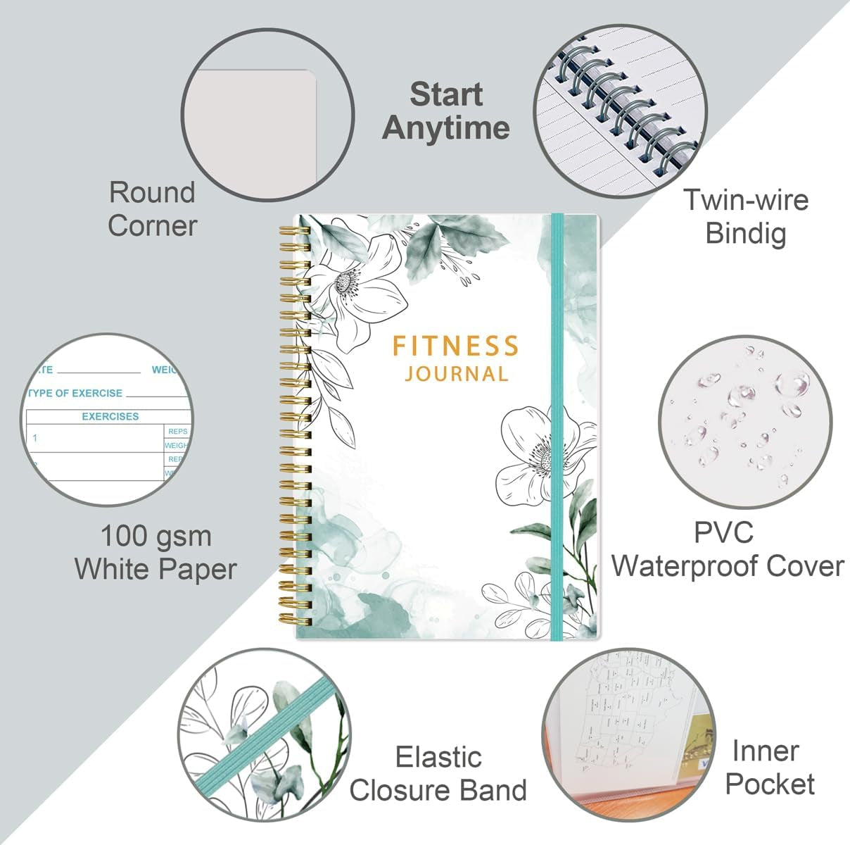 Fitness Journal for Women & Men - A5 Workout Journal/Planner Daily Exercise Log Book to Weight Loss, Gym, Muscle Gain, Bodybuilding Progress - Daily Personal Health & Wellness Tracker, Spiral-Bound,