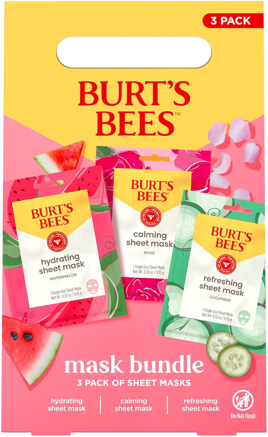 Mothers Day Gifts, Face Mask Bundle Set, Hydrating Watermelon, Calming Rose, & Refreshing Cucumber, Face Sheet Masks for Single Use Skin Care, 99% Natural Origin, 3 Count, 0.33Oz Each