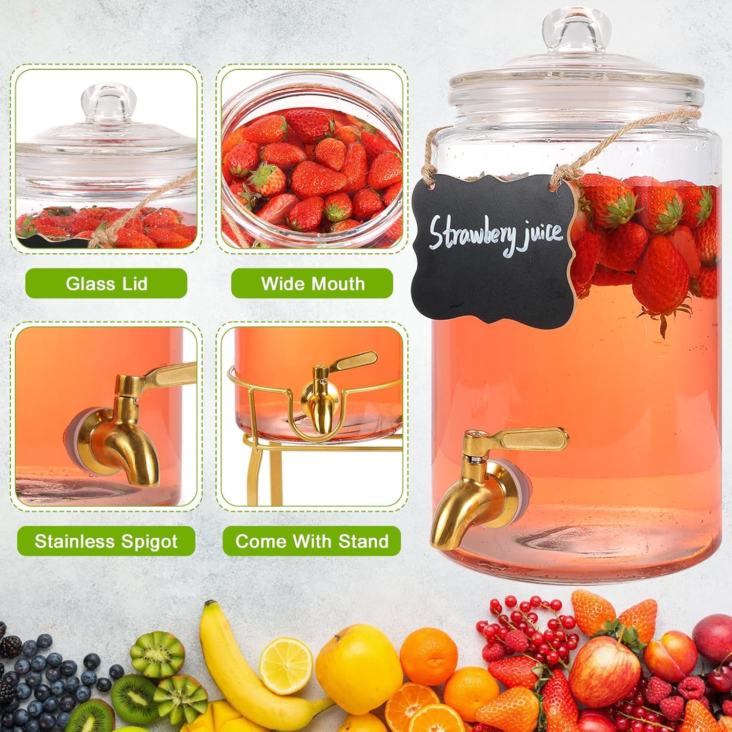 Drink Dispensers for Parties 1 Gallon, Bevarage Dispenser with Stand,Glass Drink Dispenser with Stainless Steel Spigot + Marker & Chalkboard, Ideal for Lemonade,Juice, Tea, and Party Drinks