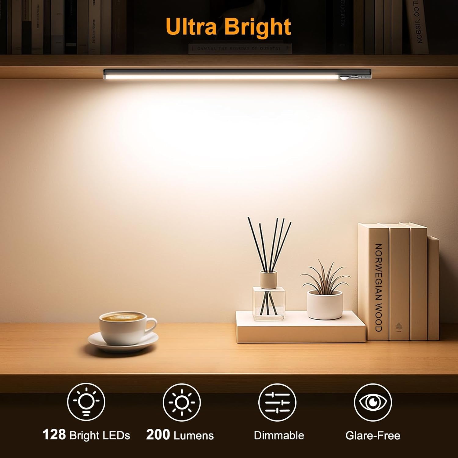 14.7Inch under Cabinet Lighting Rechargeable 2 Pack- 3 Color Temps&5 Level Brightness, Super Bright, 4 Modes, Motion Sensor, Long Lasting - Easy Installation Magnetic under Closet Lights-Black