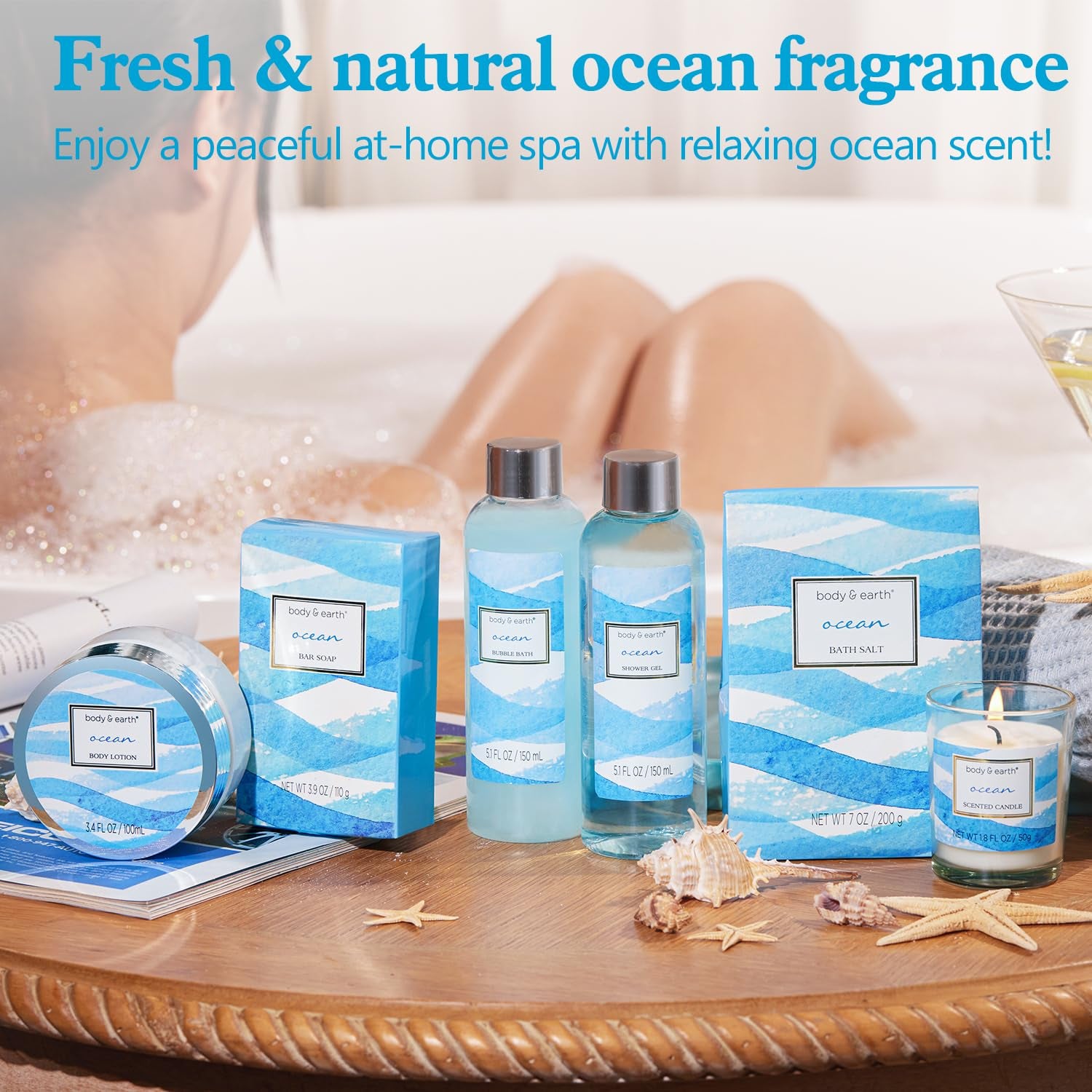 Bath and Body Gift Set for Women,  Ocean Gift Basket, 7 Pcs Bath Sets for Women Gift with Bubble Bath, Body Lotion, Scented Candle, Spa Kit for Her, Mother'S Day Gifts for Mom