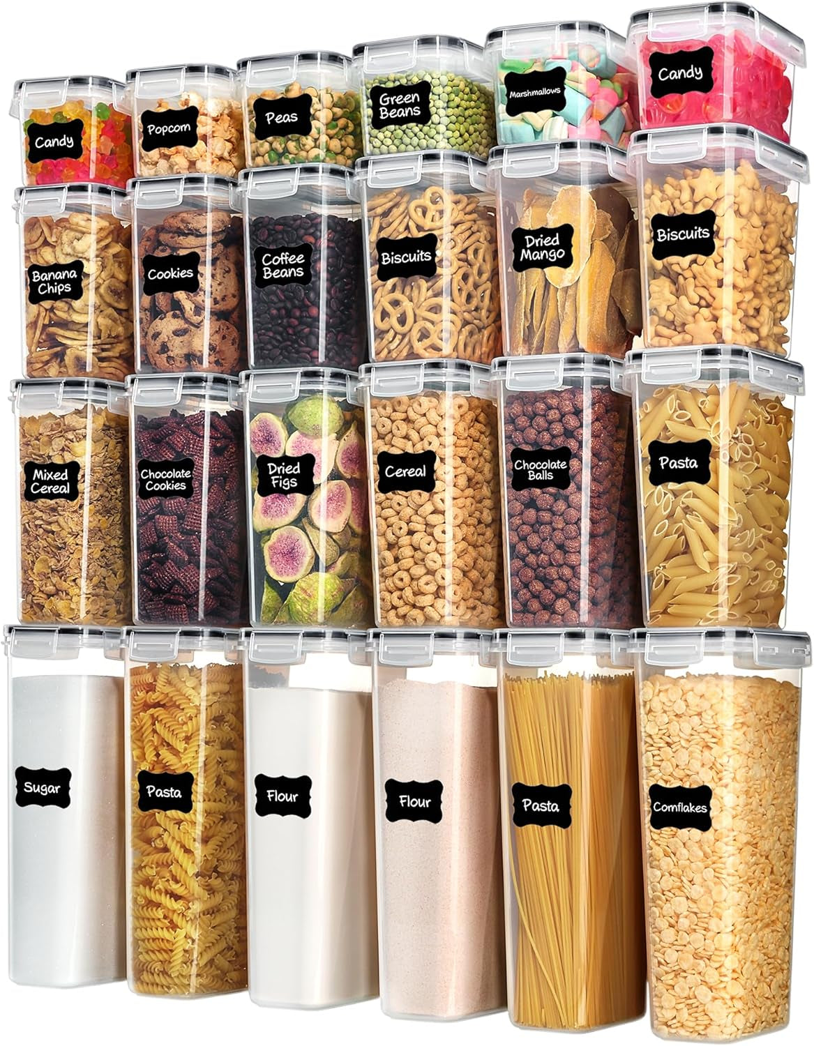 Airtight Food Storage Containers with Lids,  24 Pcs Plastic Kitchen and Pantry Organization Canisters for Cereal, Dry Food, Flour and Sugar, BPA Free, Includes 24 Labelsï¼ŒBlack