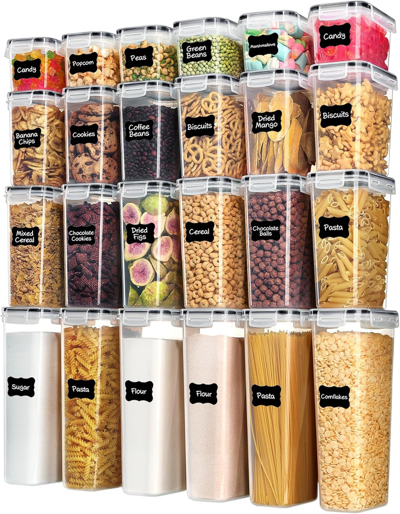 Airtight Food Storage Containers with Lids,  24 Pcs Plastic Kitchen and Pantry Organization Canisters for Cereal, Dry Food, Flour and Sugar, BPA Free, Includes 24 Labels，Black