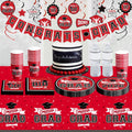 Graduation Decorations 2026 Red and Black, 265Pcs Disposable Tableware Kit for 50 Guests, Plates, Napkins, Cups, Tablecloth and Hanging 2026 Graduation Party Decorations