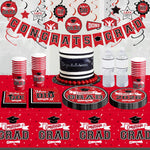 Graduation Decorations 2026 Red and Black, 265Pcs Disposable Tableware Kit for 50 Guests, Plates, Napkins, Cups, Tablecloth and Hanging 2026 Graduation Party Decorations